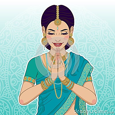 Beautiful indian woman saying namaste Vector Illustration