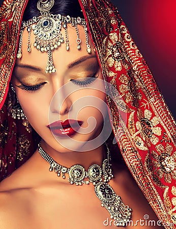 Beautiful Indian women portrait with jewelry. Stock Photo