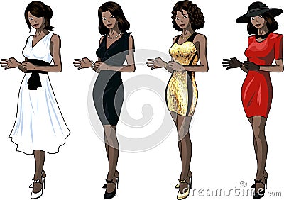 Beautiful Indonesian woman in dress set of 4 Vector Illustration