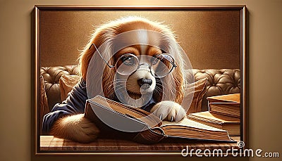 Wisdom in Pages: A Canine's Scholarly Quest. Generative AI. Stock Photo