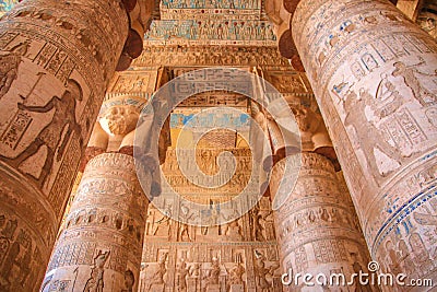 Beautiful interior of the temple of Dendera or the Temple of Hathor. Colorful zodiac on the ceiling of the ancient Stock Photo