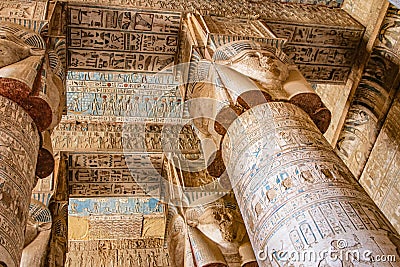 Beautiful interior of the Temple of Dendera or the Temple of Hathor. Egypt, Dendera, Ancient Egyptian temple near the city of Ken Stock Photo