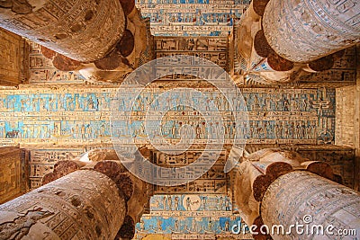 Beautiful interior of the temple of Dendera or the Temple of Hathor. Colorful zodiac on the ceiling of the ancient Stock Photo