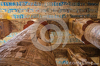 Beautiful interior of the temple of Dendera or the Temple of Hathor. Colorful zodiac on the ceiling of the ancient Stock Photo