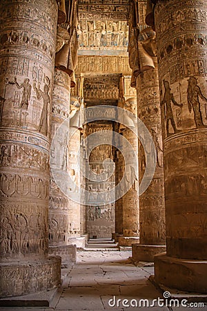 Beautiful interior of the Temple of Dendera or the Temple of Hathor. Egypt, Dendera, Ancient Egyptian temple near the Stock Photo