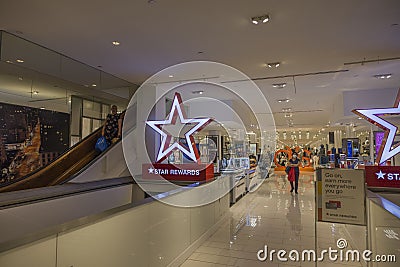 Beautiful interior view of hypermarket interior and Macy`s star award sign. New York. Editorial Stock Photo