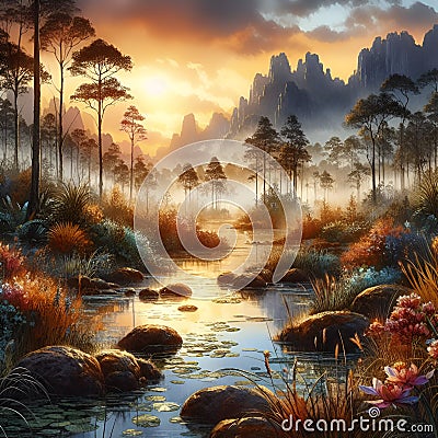 Beautiful intricate wetland in digital painting art, with river, plants, trees, grass, flowers, rocks, stones, golden hour Stock Photo