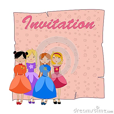 Beautiful invitation with four little girls Vector Illustration