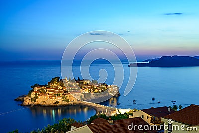 Beautiful Island and Luxury Resort Sveti Stefan at Night, Montenegro. Balkans, Adriatic sea, Europe. Stock Photo