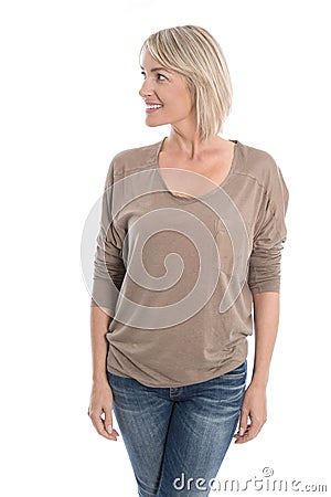 Beautiful isolated middle aged blond woman looking sideways to t Stock Photo