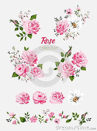 Beautiful isolated pink flowers on the white background. Set of different floral design elements Vector Illustration