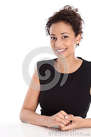 Beautiful isolated young woman sitting at desk working at custom Stock Photo