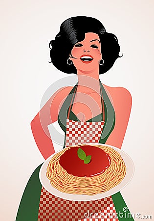 Beautiful Italian Cook showing spaghetti bolognese plate. Stock Photo