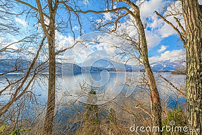 Beautiful Japan in winter around the mountains Lake and tree w Stock Photo
