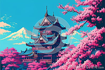 Beautiful japanese castle with cherry blossom. Vector illustration Cartoon Illustration