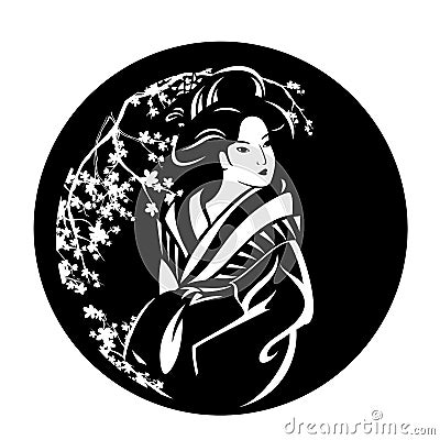 Geisha among sakura blossom black vector design Vector Illustration