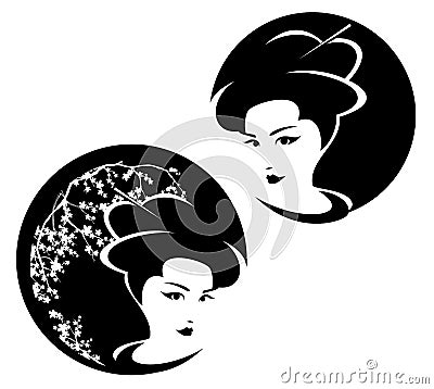 Geisha head and blooming sakura black and white vector portrait Vector Illustration