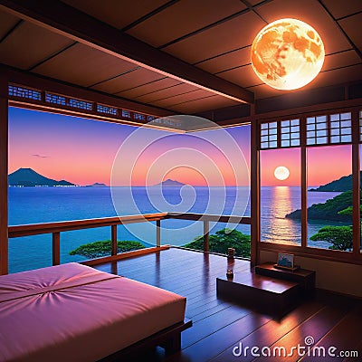 a beautiful japanese house interior at sea water in the anime cartoonish cozy lofi asian sunset in the Cartoon Illustration