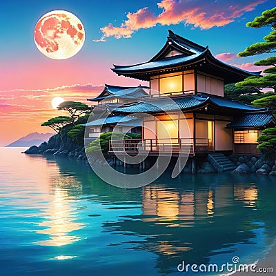 a beautiful japanese house at sea water in the late anime cartoonish cozy lofi asian sunrise in the Cartoon Illustration