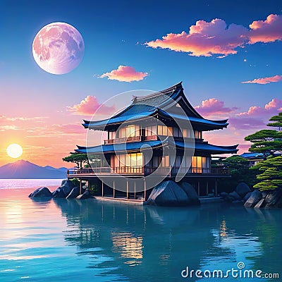 a beautiful japanese house at sea water in the late anime cartoonish cozy lofi asian sunrise in the Cartoon Illustration