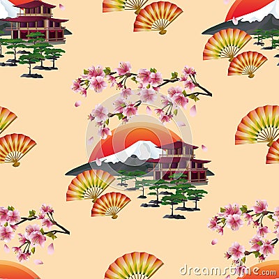 Beautiful Japanese seamless pattern with sakura Vector Illustration