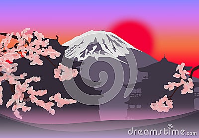 Beautiful Japanese Spring Landscape Template Vector Illustration