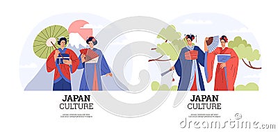 Beautiful Japanese women geisha holding umbrella and fan in traditional kimono vector set, mountain and sakura, culture Vector Illustration
