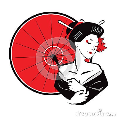 Beautiful Japanesse Modern Exotic Geisha wear red umbrella Cartoon Illustration