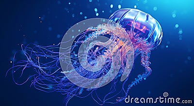 Beautiful jellyfish in neon underwater. Aquarium with blue jellyfish. Underwater life of ocean jellyfish Stock Photo