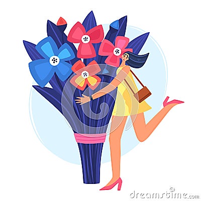 Beautiful and joyful girl holding huge bouquet of flowers. Disproportionate body. Trendy character design Vector Illustration