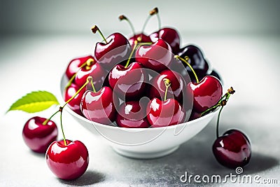 Juicy fresh cherries in a bowl on a gray background. Generative AI Stock Photo