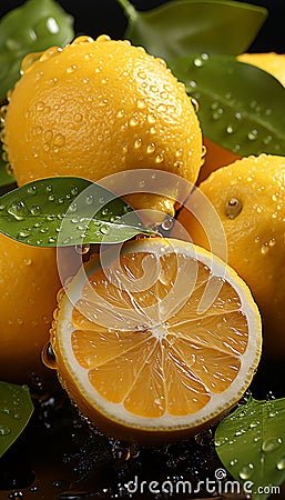 Beautiful juicy lemon slices and halves covered with clear drops of pure water Stock Photo