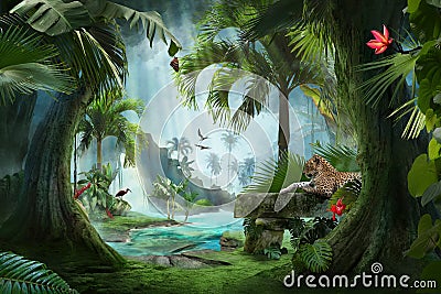Beautiful jungle beach lagoon view with a jaguar, palm trees and tropical leaves Stock Photo
