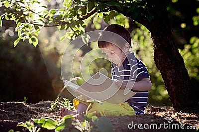 Beautiful kid boy, reading a book in garden, sitting next to a t Stock Photo