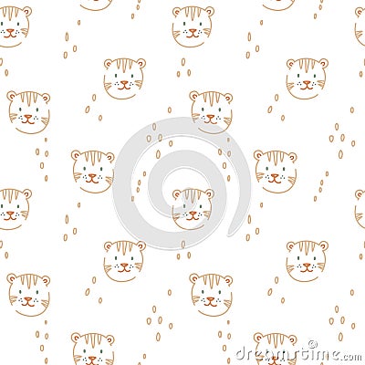 Beautiful kids vector seamless pattern with cute hand drawn tiger faces. Children stock illustratrion. Vector Illustration