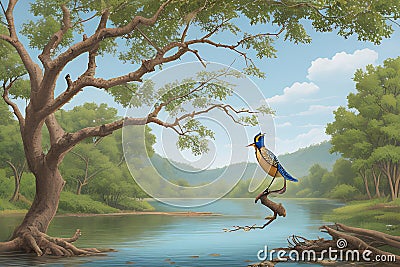 Beautiful king fisher on tree AI generated Stock Photo