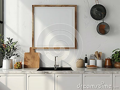 A beautiful kitchen with a large wooden frame on the wall, a sink, and a variety of kitchen utensils and plants on the counter Stock Photo