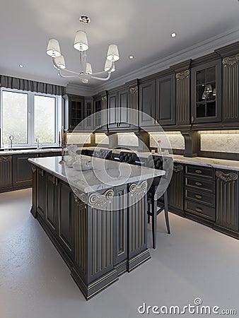Beautiful kitchen in luxury home with island, pendant lights, cabinets, and self-leveling floors. marble backsplash, elegant Stock Photo