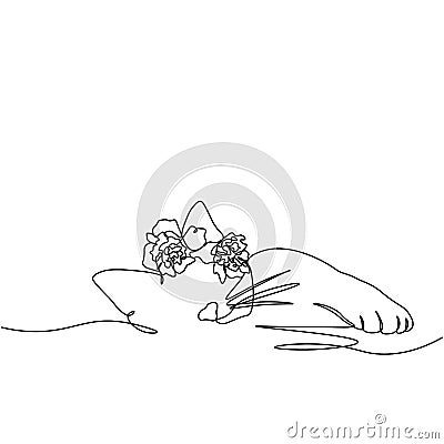 A beautiful kitty with a flower is sleeping sweetly. A continuous line. Vector illustration drawn with a single line Vector Illustration