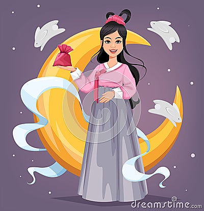 Beautiful Korean woman. Chuseok Hangawi Vector Illustration