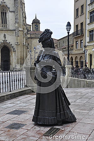 Oviedo, 18th april: La Regenta Sculpture from Plaza de la Catedral Square of Oviedo City in Spain Editorial Stock Photo