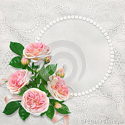 Beautiful lace background with pearl frame for text or photo and a bouquet of pink roses Stock Photo