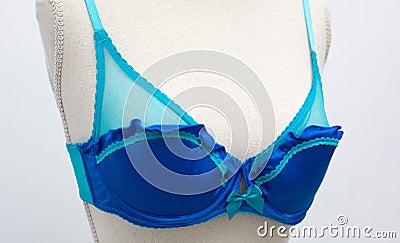 Beautiful lace blue lingerie bra small size with bow on dummy mannequin chest close up Stock Photo