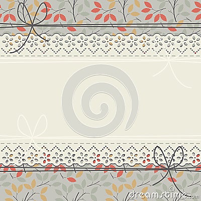 Beautiful lace frame with cute leaves and bows Vector Illustration