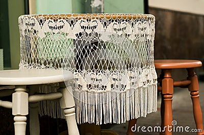 Beautiful lace tablecloth with fringe Stock Photo