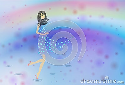 Rain Girl with abstract water drops dress on rainbow background Vector Illustration