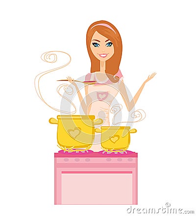 Beautiful lady cooking soup Vector Illustration