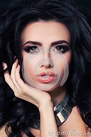Beautiful Lady with Dark Curly. Perfect Brunette, Event Makeup Stock Photo