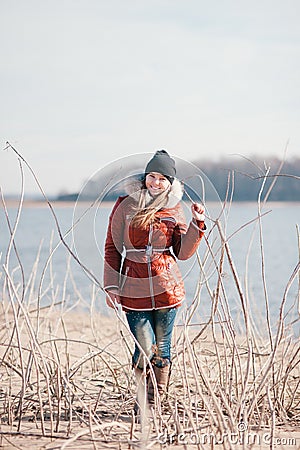 Beautiful lady in the drained reservoir Stock Photo