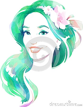 Smiling young happy woman with flower wreath on long hair. Watercolor illustration Cartoon Illustration